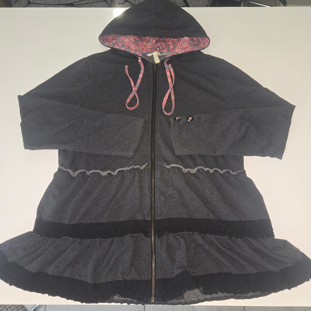 Matilda Jane Womens XL Charcoal Gray Tiered Ruffle Zip Up Hoodie Floral Trim